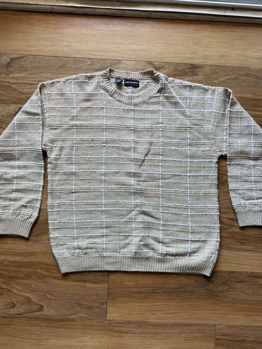 Vintage Tony Lambert Linen Cotton Ramie Sweater Tan Windowpane Knit size Large